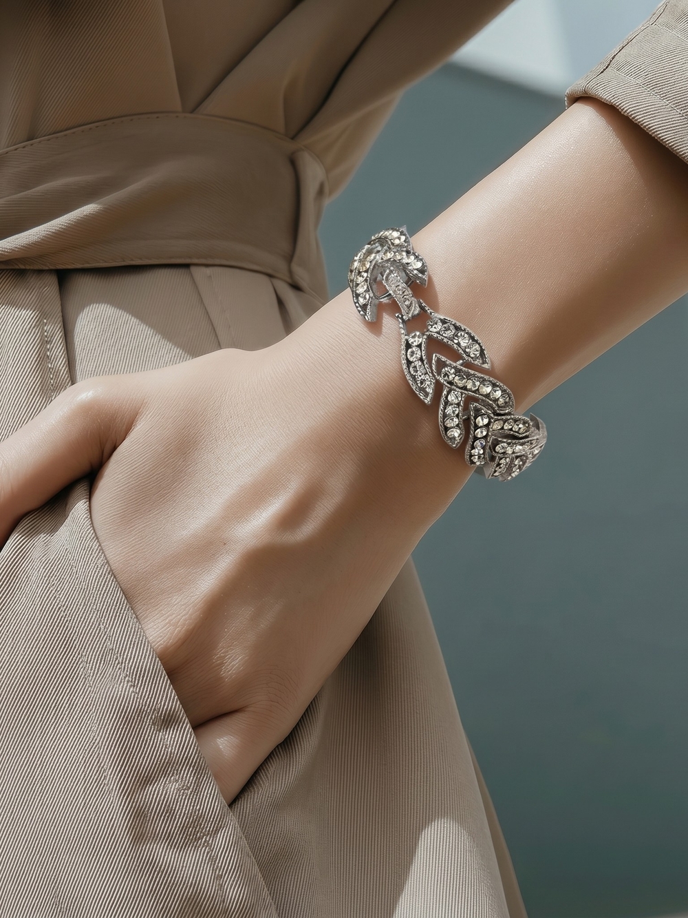 Crystal Pave Leaf Link Bracelet - Silver Tone